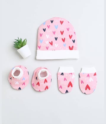 BUMZEE Pink & White Girls Cotton Cap Mitten Bootie Set Age - 0-3 Months