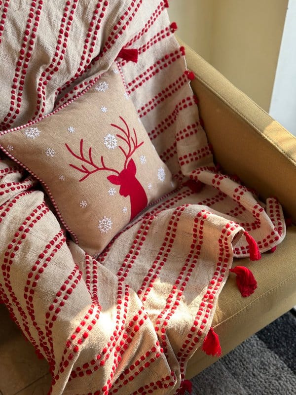 KRI India Tots Reindeer Embroidered Cushion Cover | Jute Beige with red embroidery  | 16x16 inches  | Wash & Care | 100% Cotton | Handcrafted in India. 100% organic & natural.