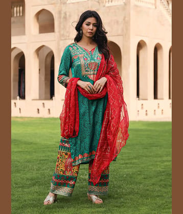 Juniper Viscose Printed Kurti With Pants Women's Stitched Salwar Suit - Green ( Pack of 3 )