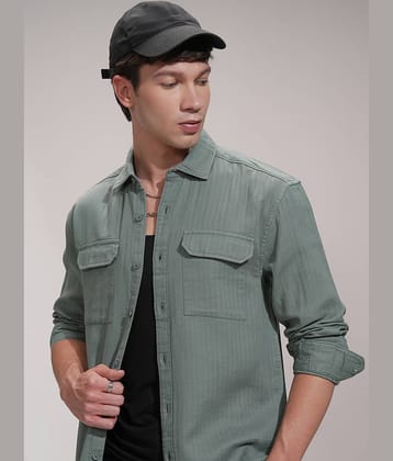 Highlander 100% Cotton Relaxed Fit Striped Full Sleeves Men's Casual Shirt - Green ( Pack of 1 )