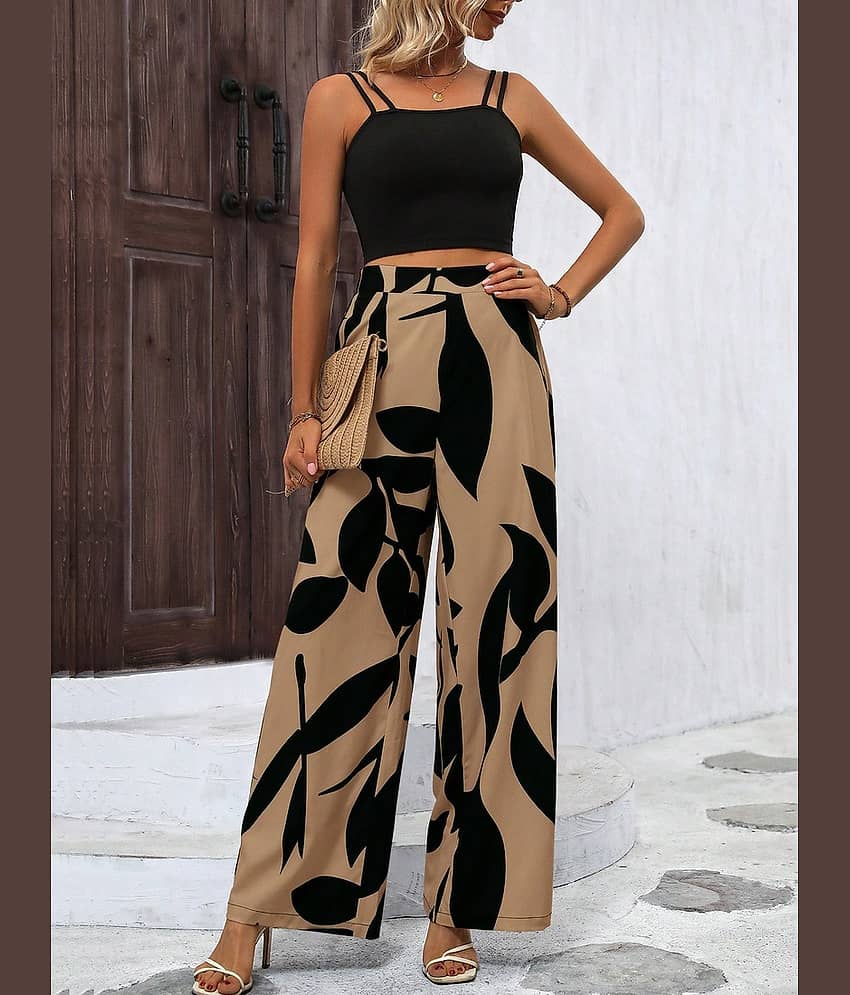 COOL AND CASUAL Women Printed Top With Palazzos Co-Ord Set ( Coffee )