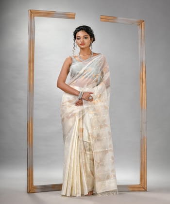 White matka silk sequin handloom bengal jamdani saree
