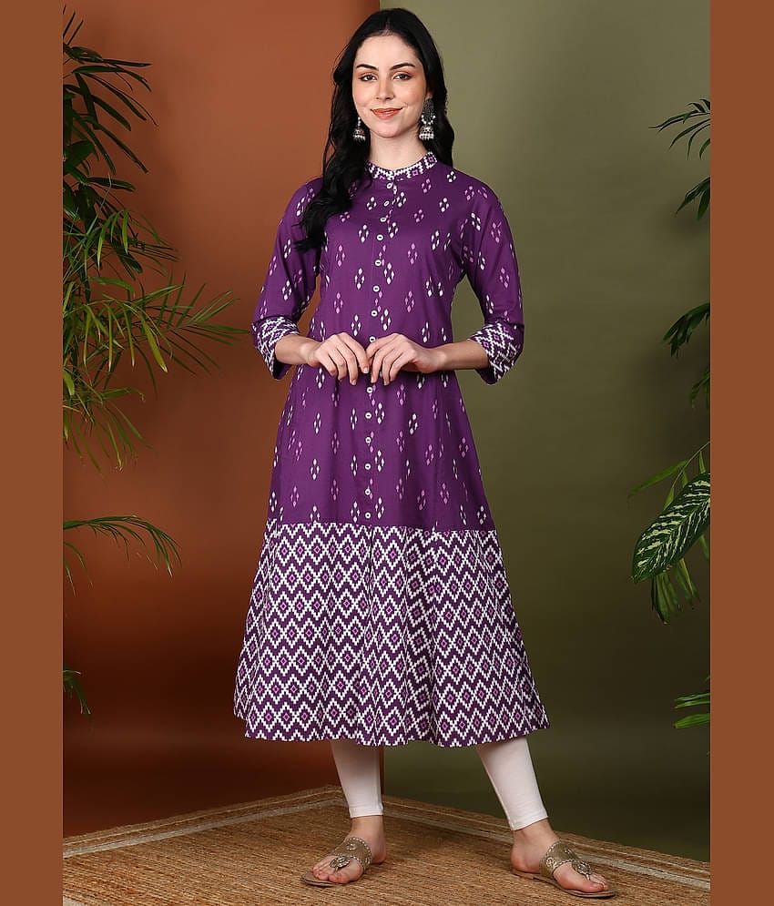 Yash Gallery Pack of 1 Cotton Printed Front Slit Women's Kurti - ( Purple )