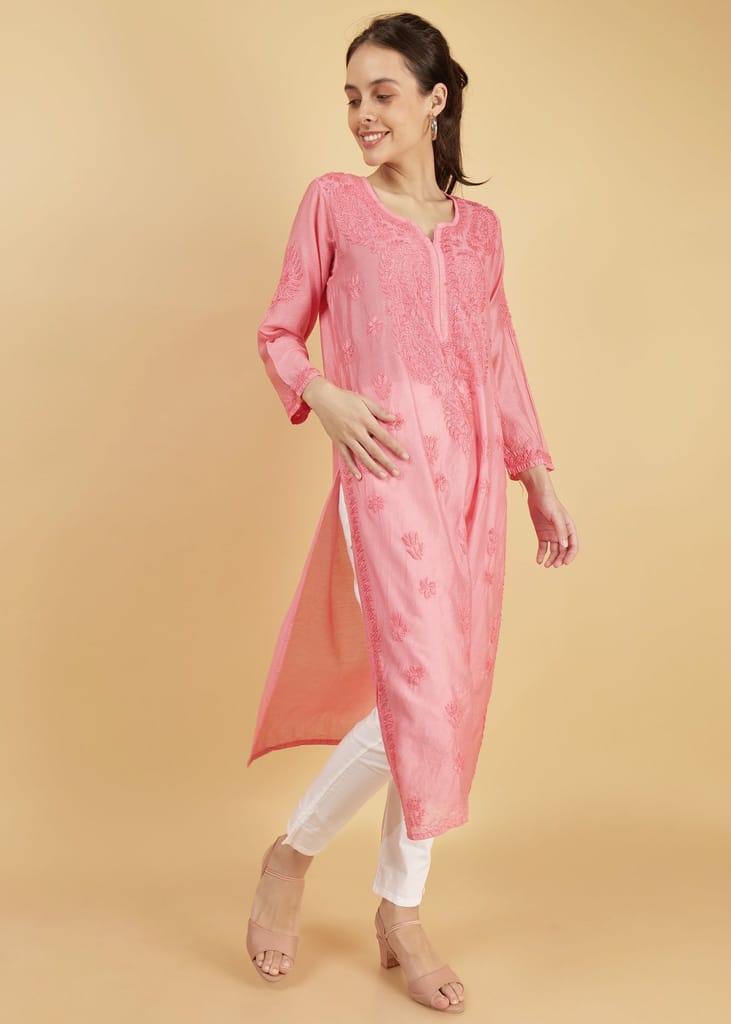 Chanderi Silk Hand Embroidered Long Pink Festive Kurta
