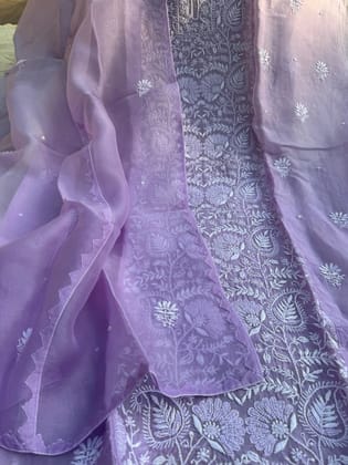 Organza Chikankari Length with Dupatta (Pearl Work) - Lilac Ombre-Lilac Ombre / Organza / Pearl Work