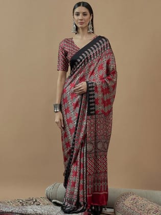 Red Ajrak Crepe Block Print Sarees