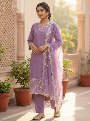 Womens Kurta Pent Dupatta Set Lavender Tapasya Suit
