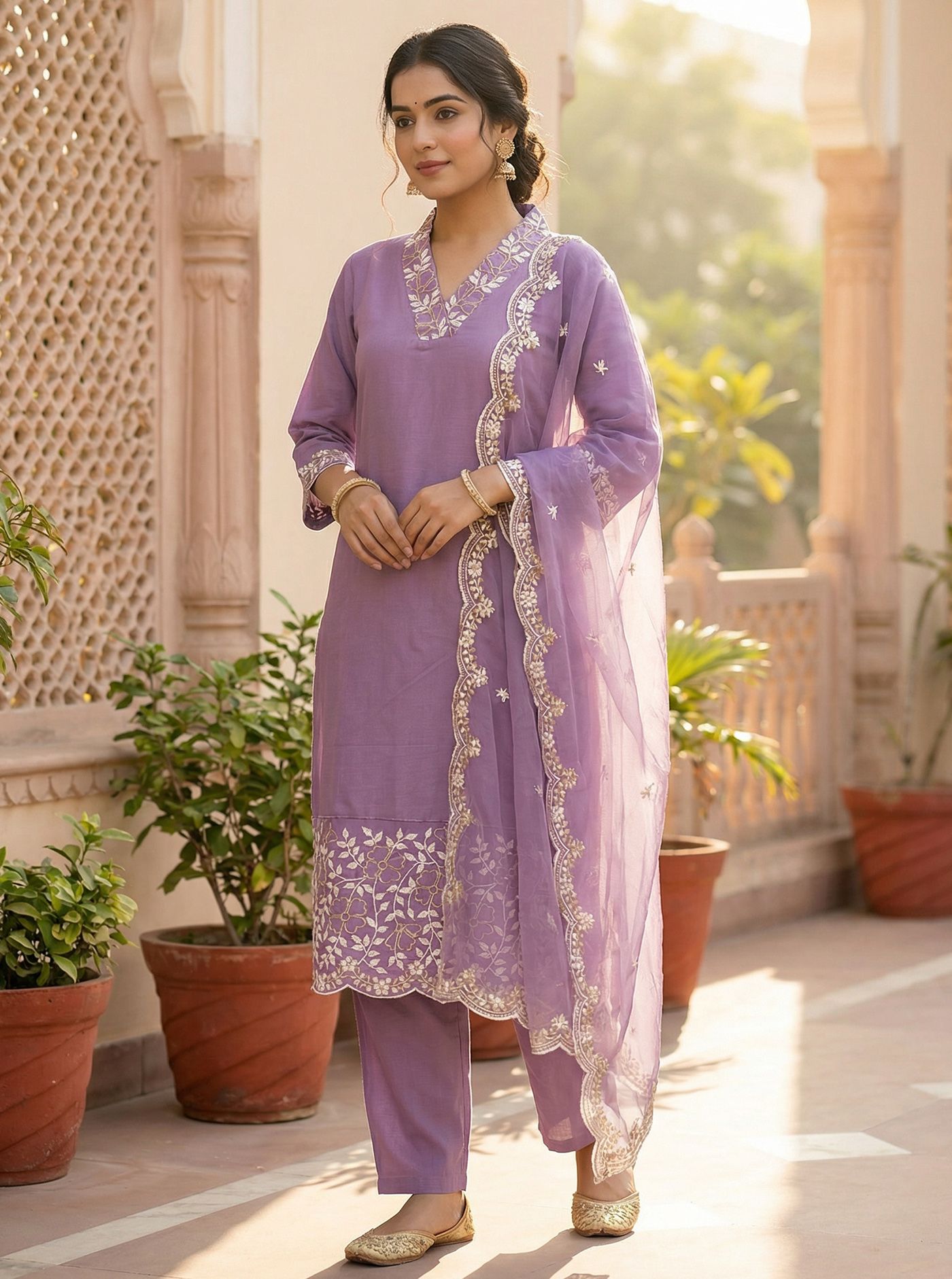 Womens Kurta Pent Dupatta Set Lavender Tapasya Suit
