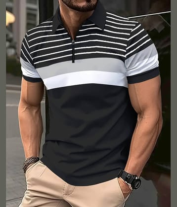 Eyebogler Pack of 1 Cotton Blend Regular Fit Striped Half Sleeves Men's Polo T Shirt ( Black )