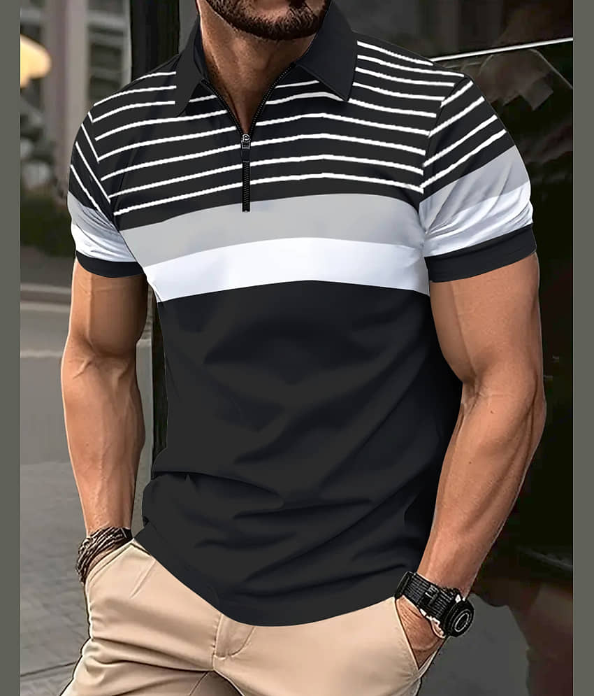 Eyebogler Pack of 1 Cotton Blend Regular Fit Striped Half Sleeves Men's Polo T Shirt ( Black )