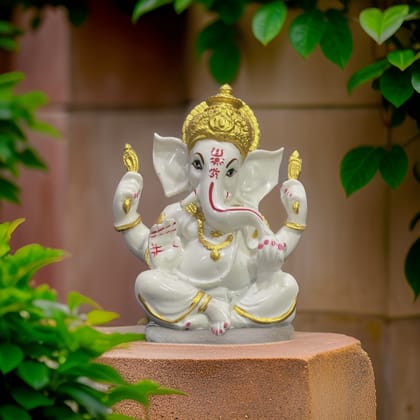 Mukut Ganesha Marble Statue Best Gift For Grah Pravesh Ganpati Murti Figurine H- 12.5 cm-Composite Marble