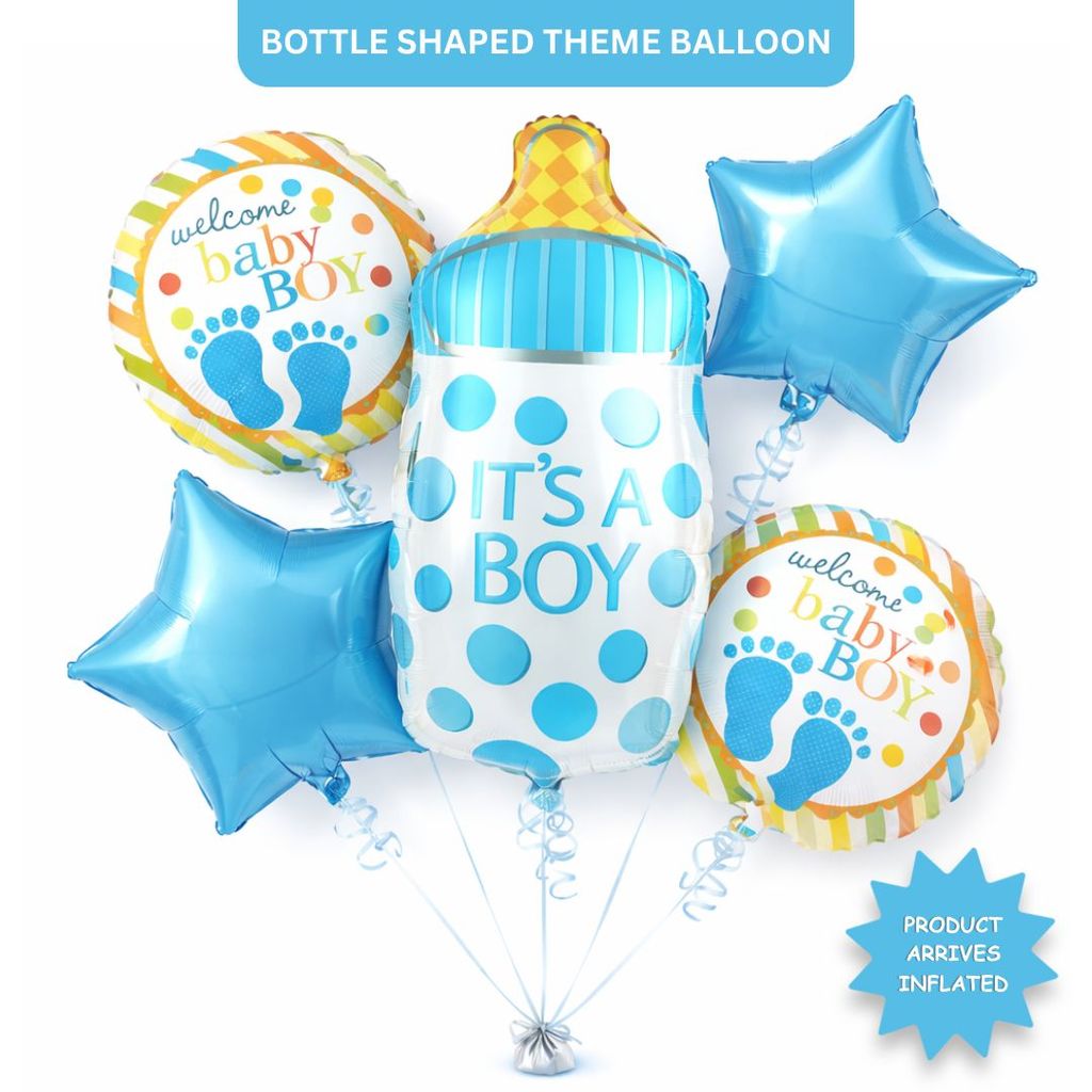 It’s a Boy  Bottle Shaped Helium Balloon Set of 5 (Baby Bottle + Welcome Baby Boy + Blue Star Balloons) | Pre-Inflated & Delivered | Baby Shower Decoration - Party and Festive Needs | Buy online on ZillyBuy