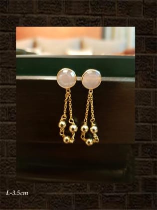 Rose chalcedony checker earring with three bead chain tassel