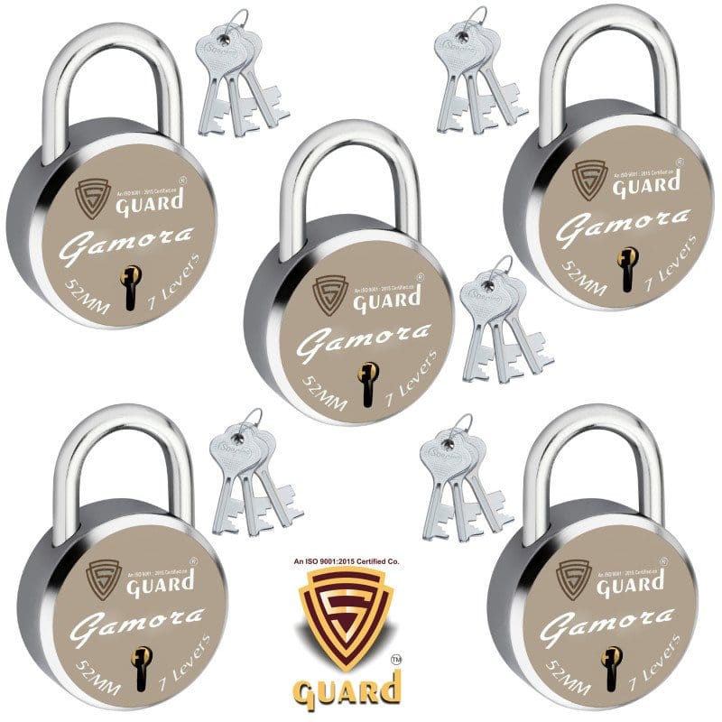 S-Guard GAMORA Laser Printed Door Lock, Lock for Gate-52MM-7 Levers, Double Locking, Pack of 5 Padlock (Silver, Gold)