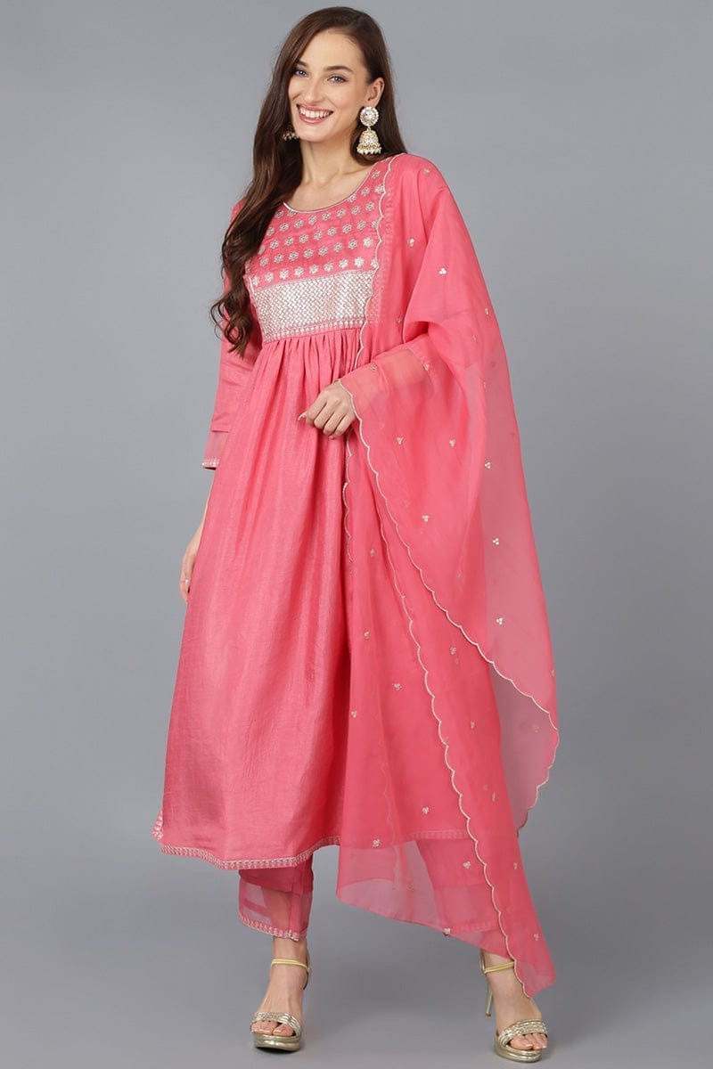 Coral Silk Blend Solid Straight Kurta Trousers With Dupatta PKSKD1725