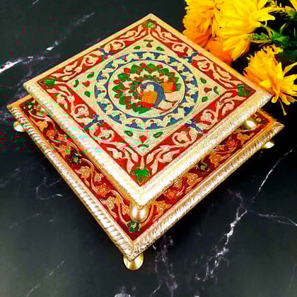 Puja Choki | Minakari Chowki Set | Decorative Bajot - For Pooja & Festivals - Set of 2 (8 Inch , 10 Inch)-Design 1