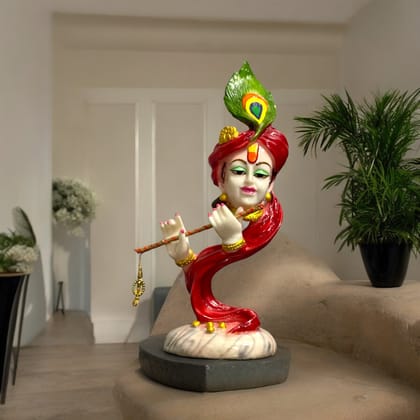 Curved Pankh Krishan Cute Colourful Idol, H-33 cm-Composite Marble