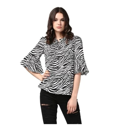 Women's Polyester Animal Print Bell Sleeve Top (Black - White, M)-PID55899