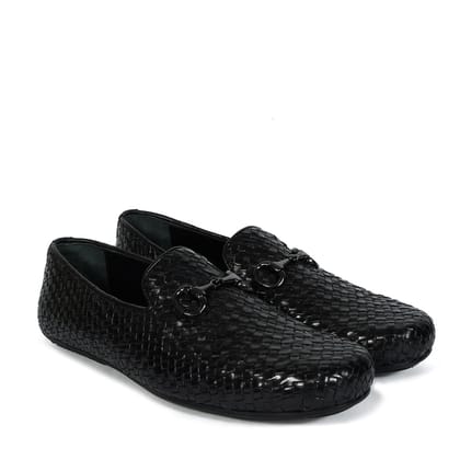 Weaved Leather Driver Sole Horsebit Black Loafers-40/6
