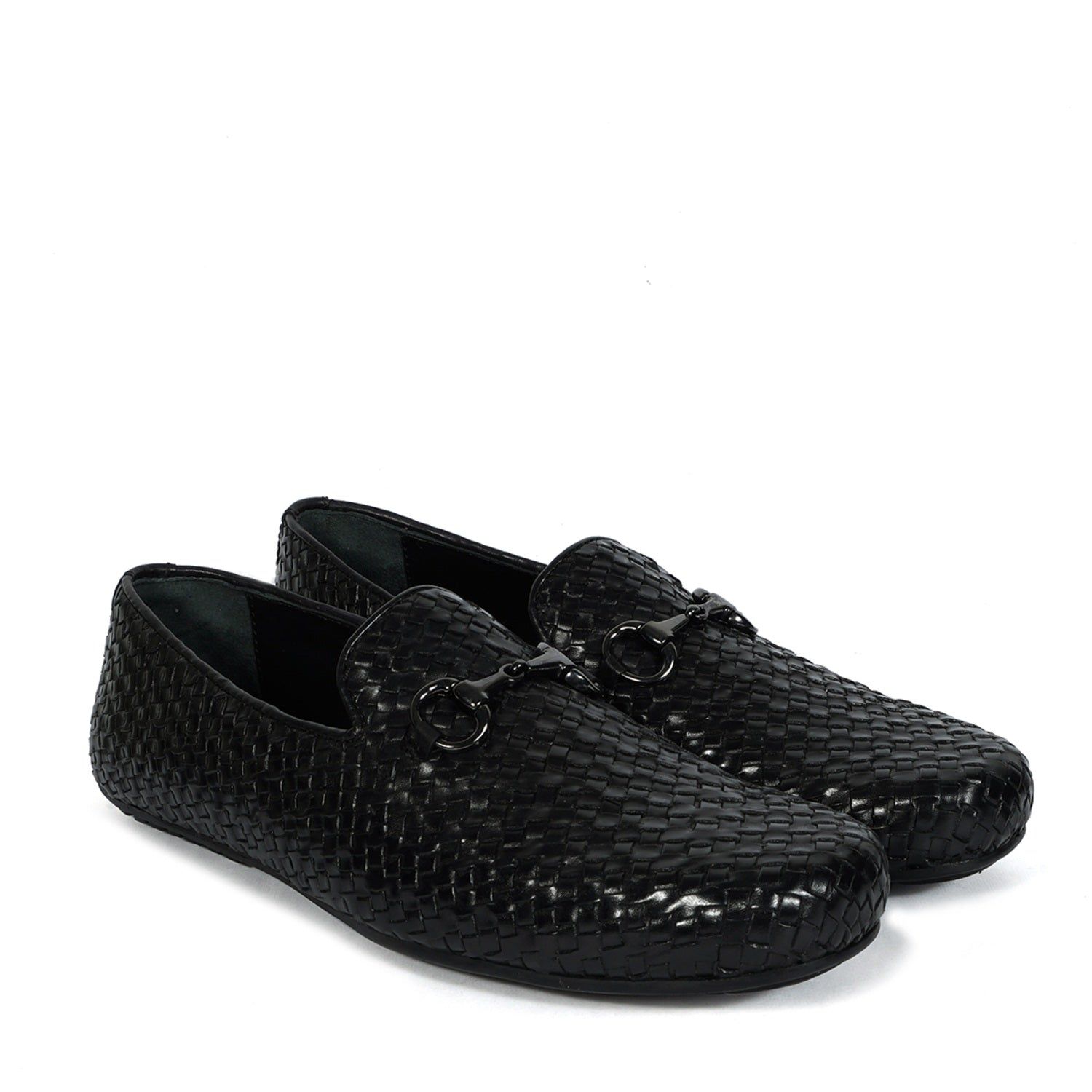 Weaved Leather Driver Sole Horsebit Black Loafers-40/6
