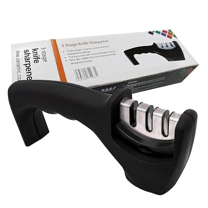 Manual Knife Sharpener 3 Stage Sharpening Tool for Ceramic Knife and Steel Knives (Black)