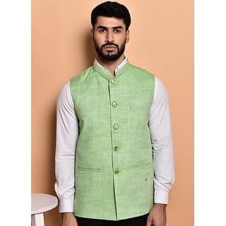 PrintCulture Men Solid Green Cotton Blend Nehru Jacket PrintCulture Men Solid Green Cotton Blend Nehru Jacket