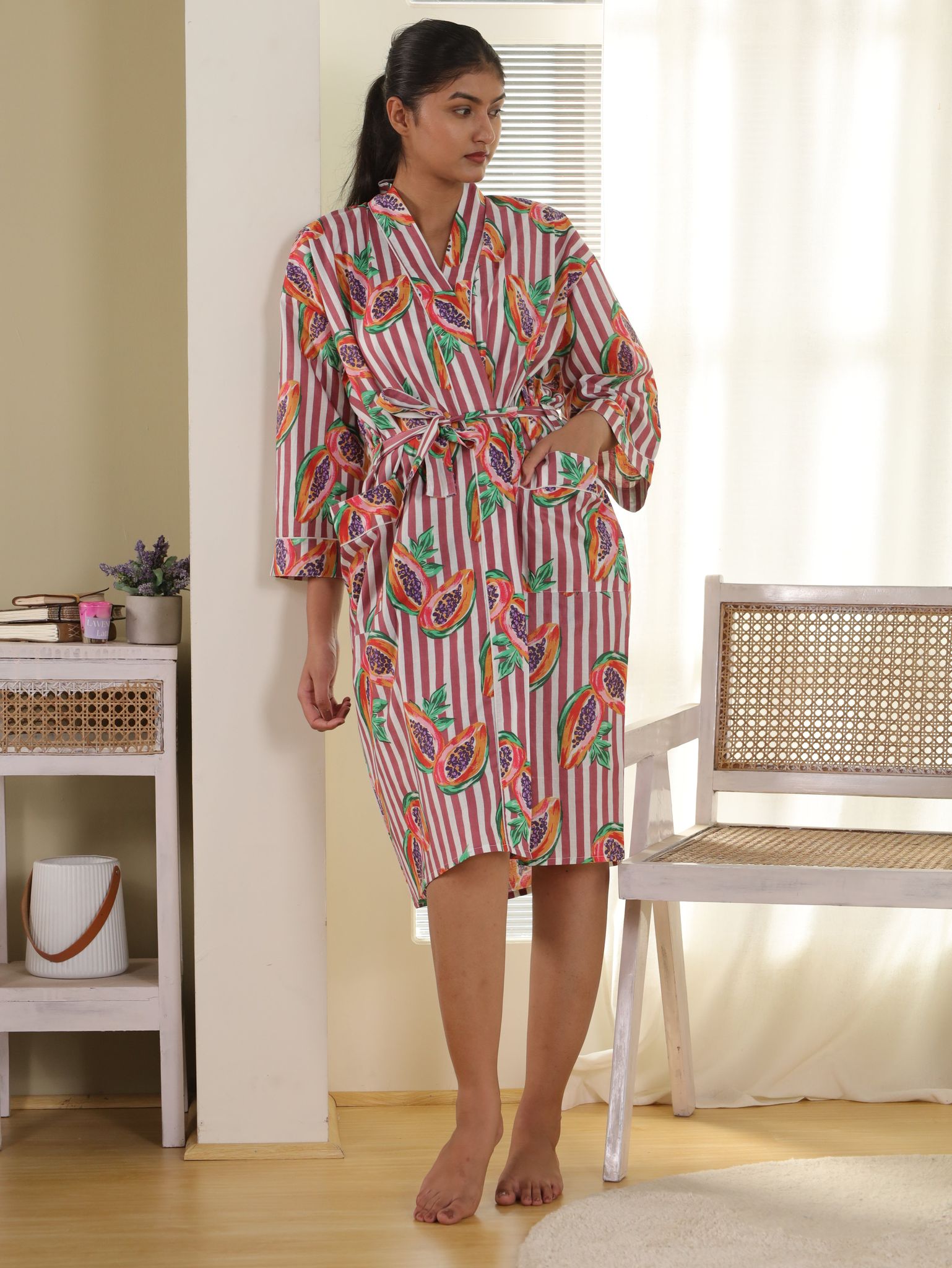 Cotton Kimono Handblock Printed Unisex Bathrobe - Free Size