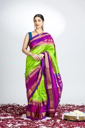Green Check Pattern Poachampally Saree With Elegant Purple And Zari Border