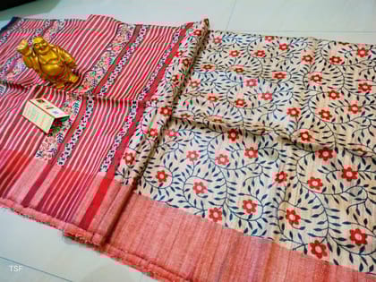 Silkmark Tussar Splendid Blockprint Red & Beige Saree