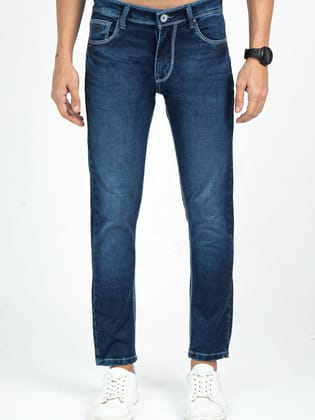 Men's Dark Blue Slim Fit Stretchable Jeans 7 Stitch Ankle Length | Rick Rogue-34