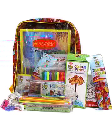 Rabbit Champions Stationery Kit – 50 Neon Rubber Tip Pencils, Jumbo Sharpener & Eraser, 5 Scales, Colour Pencils, Sketch Pens, Wax Crayons, Tempera Colours, Pouch, Bag & Drawing Book