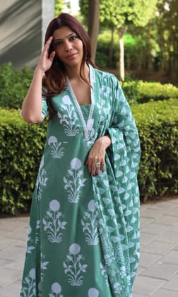 Cotton Block Print Pastel Green Suit Set with Lace Detailing and Cotton Dupatta-XXS