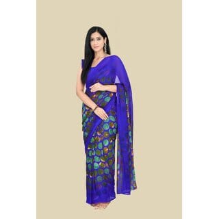 Blue Colour Pure Georgette Printed Saree With Blouse Piece