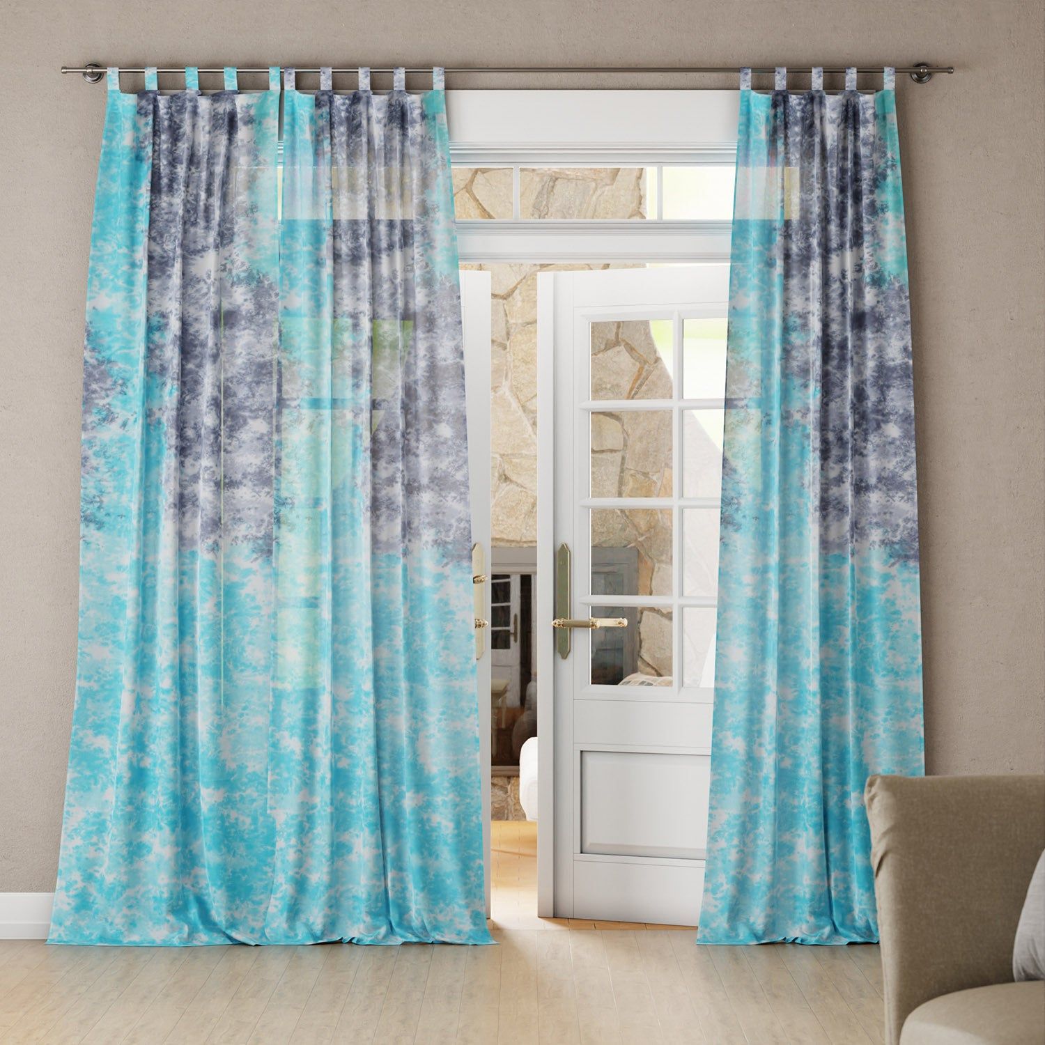 Tie & Dye Mulmul Curtain-Blue / Grey / Mulmul / 9ft / 108 Inches
