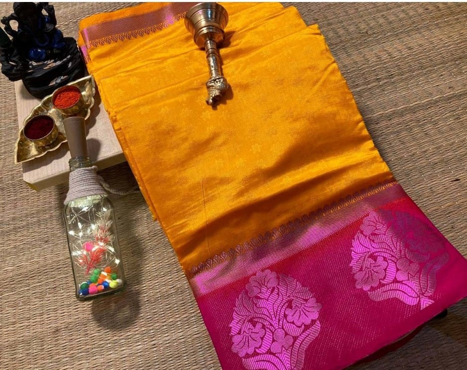 Women's Kanjivaram Silk Saree with Unstitched Blouse Piece (Yellow, 5-6 Mtrs)