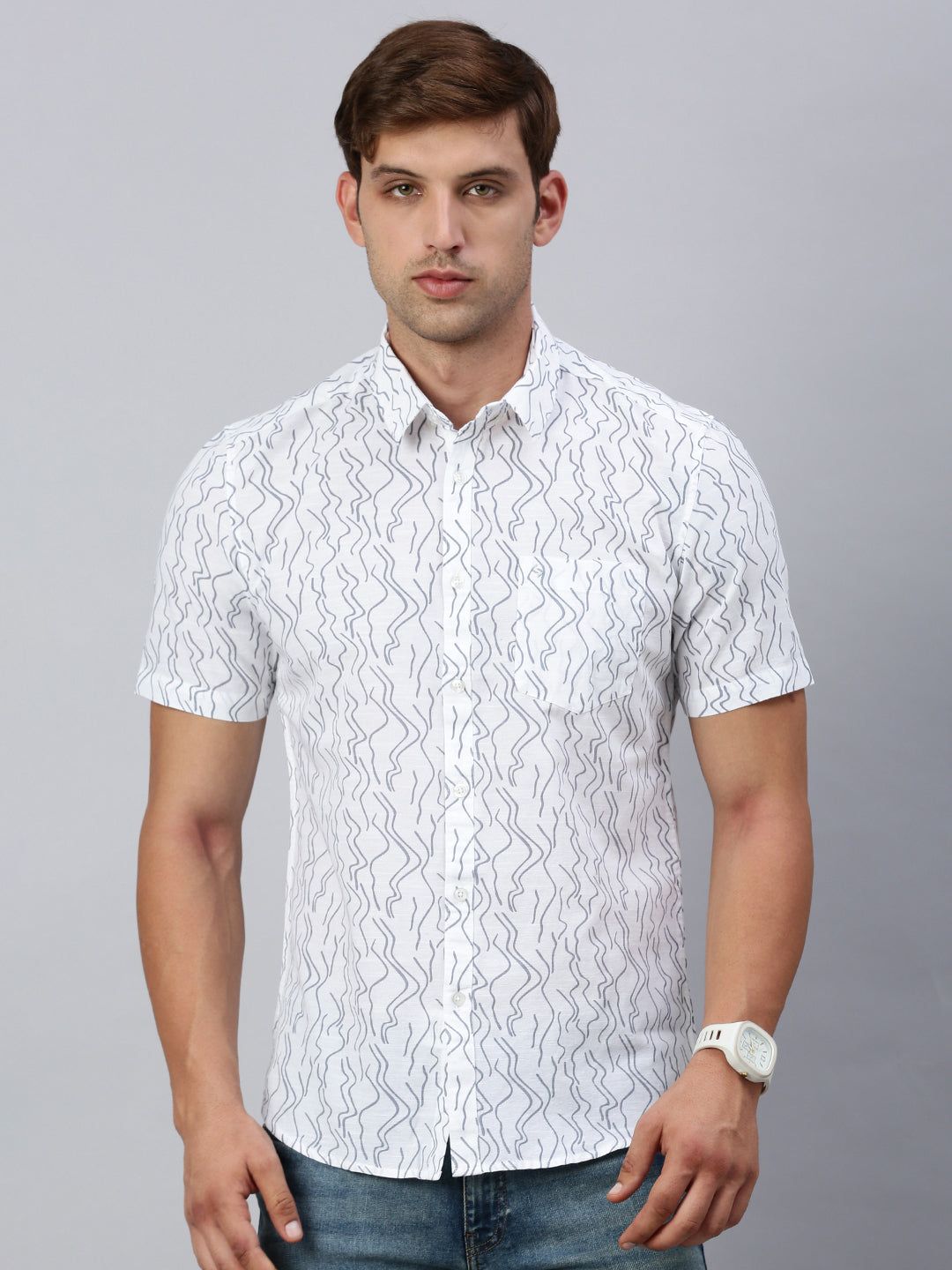 Classic Polo Men's Half Sleeve White/Blue Cotton Slim Fit Woven Shirt | SP2-CL-09 B-HS-PRT-SF