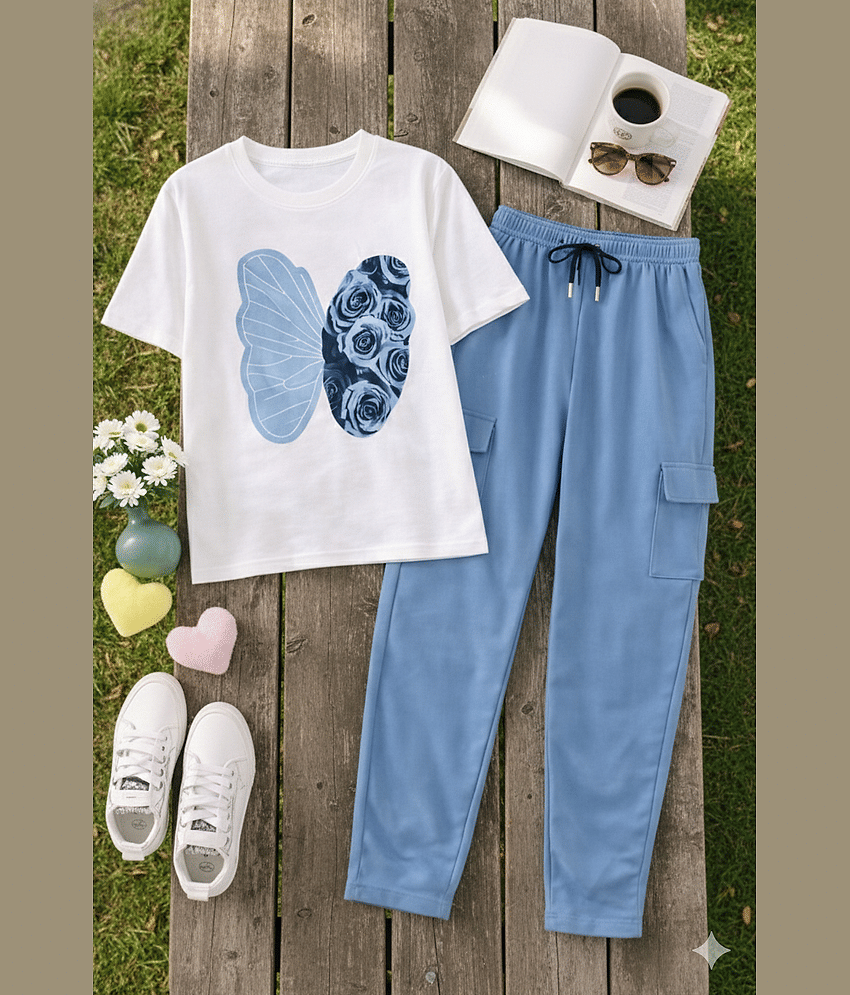 TarrenT HunT Pack of 1 Girls Cotton Blend T-shirt & Pants ( Sky Blue )