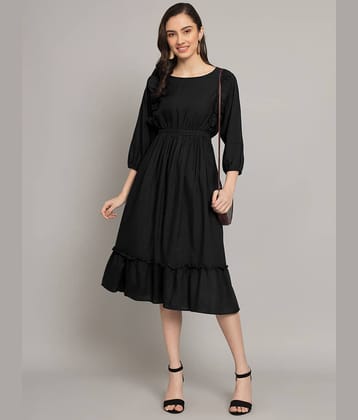 Femvy Women Rayon Solid Fit & Flare Dress ( Black )