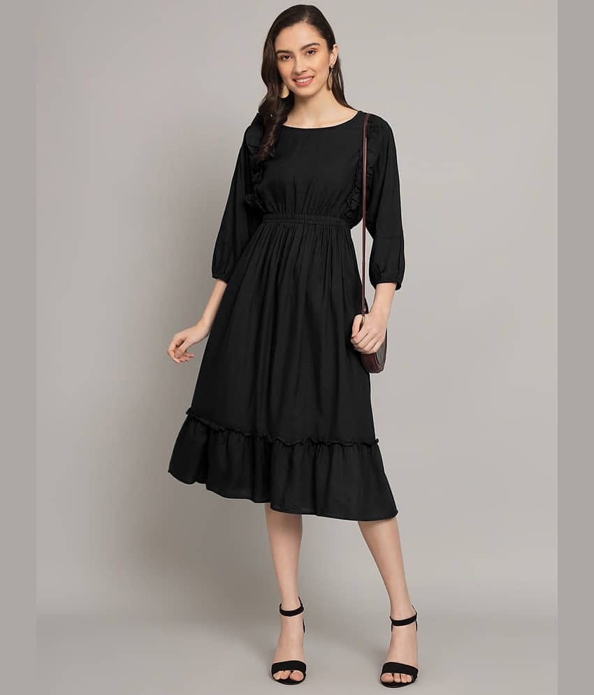 Femvy Women Rayon Solid Fit & Flare Dress ( Black )