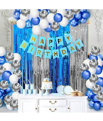 Zyozi Birthday Decoration kit for Kids- 67 Pcs with Blue & Silver Foil Curtain/Happy BirthDay Banner, Balloons for Kids, Baby Kids Gifts Set ( Blue, Silver & White)