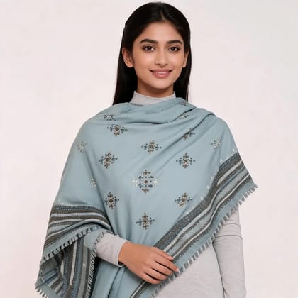 Grey Woolen Embroidered Shawl For Women