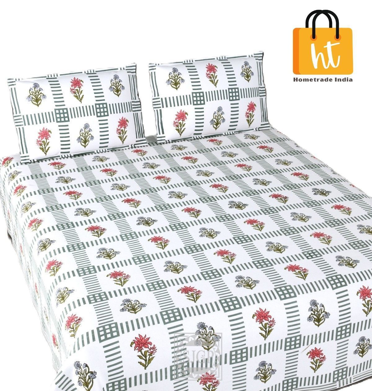 3001-Hometrade India-Standard King Size (90*108 Inches) Double Bedsheet With 2 Pillow Cover-RJ-14-Jaipur lining-3367