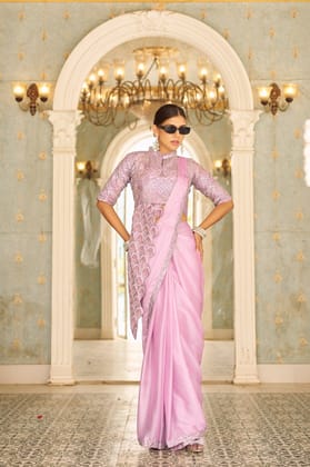 PINK READY TO WEAR SAREE WITH FULLY EMBROIDERED BLOUSE-Pink