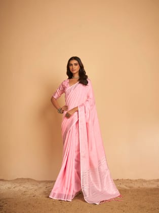 Elora Pink Linen Striped Saree With Unstitched Blouse