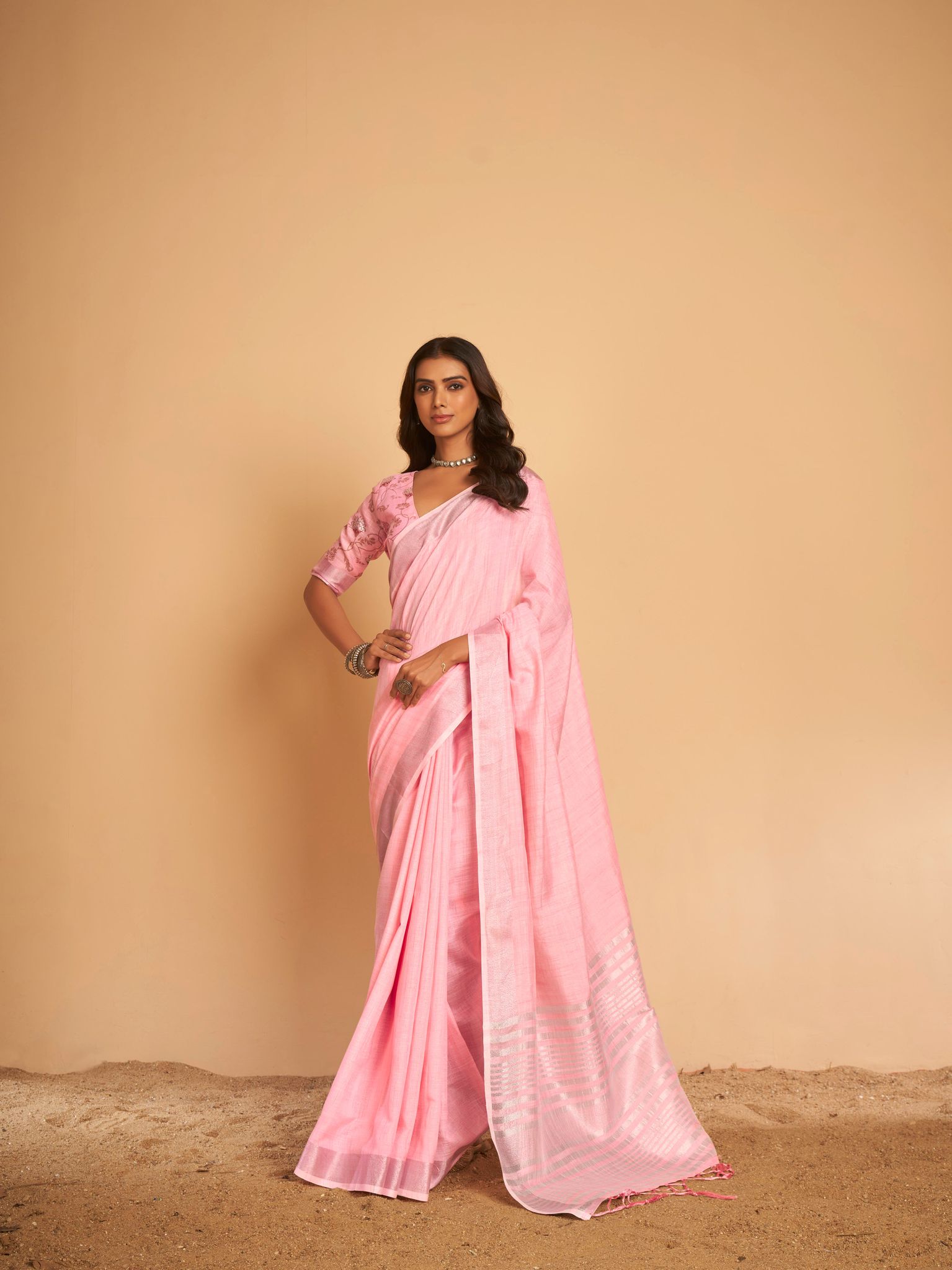 Elora Pink Linen Striped Saree With Unstitched Blouse