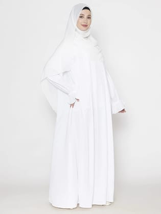Pleated White Abaya - With Hijab-Small