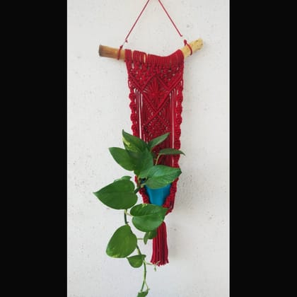 Red Macrame Wall Hanging Maroon Pot Holder Poly Cotton Thread