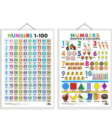 Set of 2 Numbers 1-100 and Numbers, Shapes & Colours Early Learning Educational Charts for Kids | 20"X30" inch |Non-Tearable and Waterproof | Double Sided Laminated | Perfect for Homeschooling, Kindergarten and Nursery Students