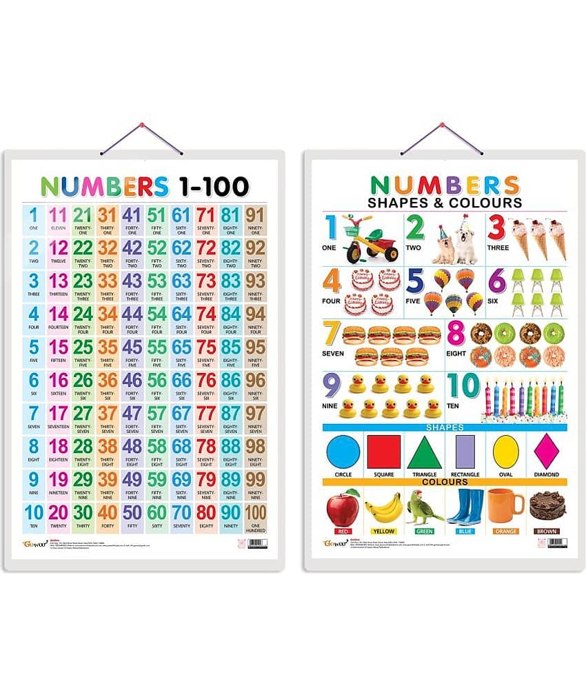 Set of 2 Numbers 1-100 and Numbers, Shapes & Colours Early Learning Educational Charts for Kids | 20"X30" inch |Non-Tearable and Waterproof | Double Sided Laminated | Perfect for Homeschooling, Kindergarten and Nursery Students
