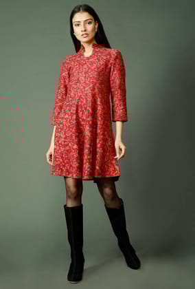 Maroon Pure Wool Kani Woven Skater Dress-XL